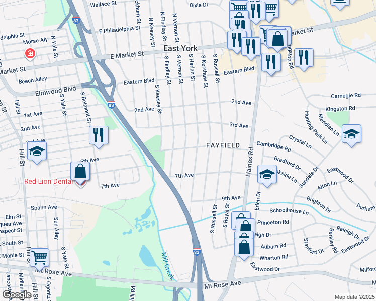 map of restaurants, bars, coffee shops, grocery stores, and more near 501 South Vernon Street in East York