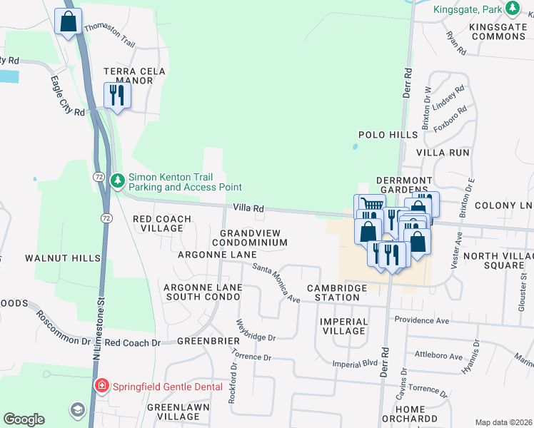 map of restaurants, bars, coffee shops, grocery stores, and more near 565 Villa Road in Springfield