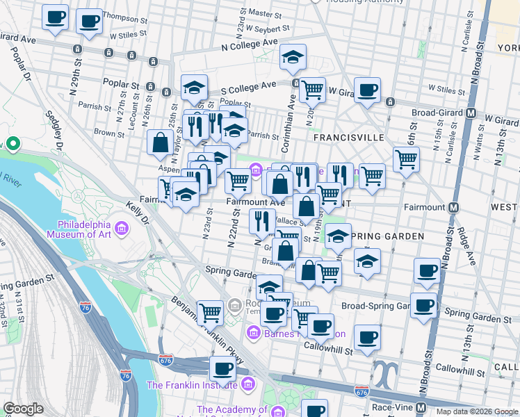 map of restaurants, bars, coffee shops, grocery stores, and more near in Philadelphia
