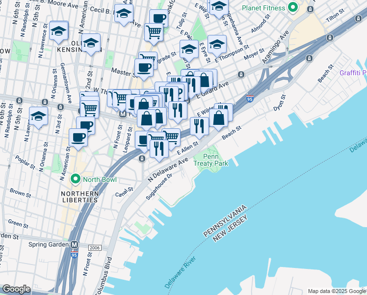map of restaurants, bars, coffee shops, grocery stores, and more near 243 East Allen Street in Philadelphia