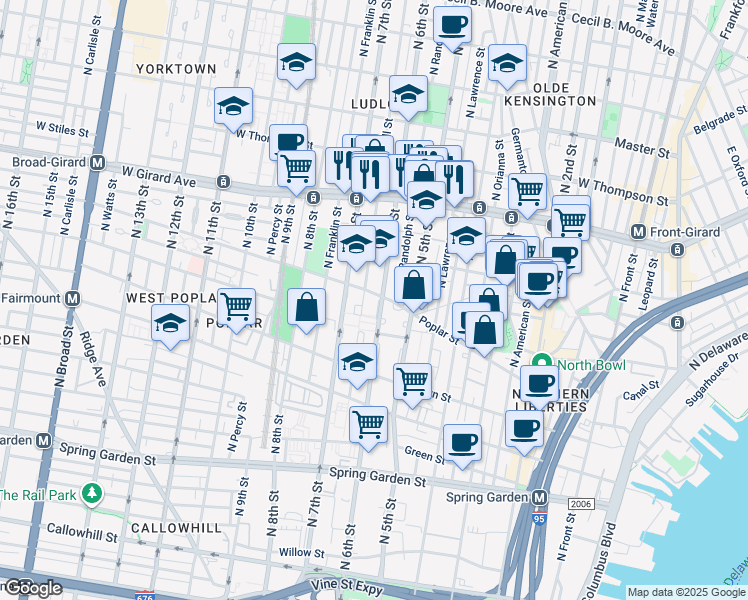 map of restaurants, bars, coffee shops, grocery stores, and more near 862 North 6th Street in Philadelphia