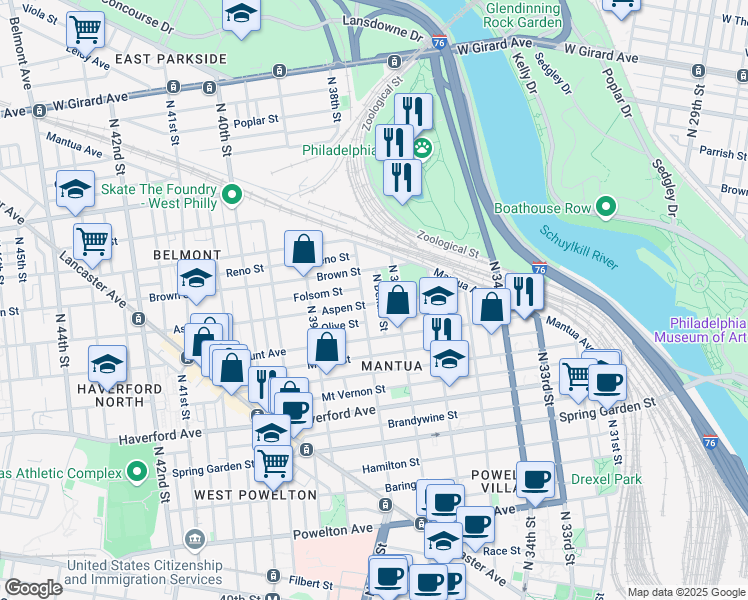 map of restaurants, bars, coffee shops, grocery stores, and more near 3729 Aspen Street in Philadelphia