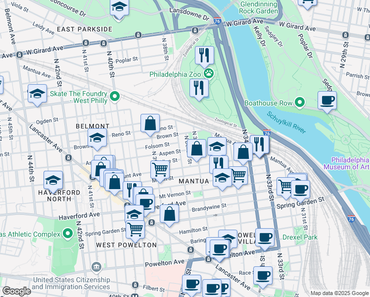 map of restaurants, bars, coffee shops, grocery stores, and more near 3729 Aspen Street in Philadelphia