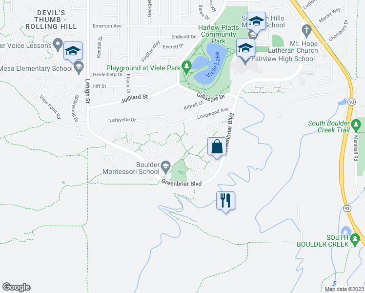 map of restaurants, bars, coffee shops, grocery stores, and more near 3477 Cripple Creek Square in Boulder