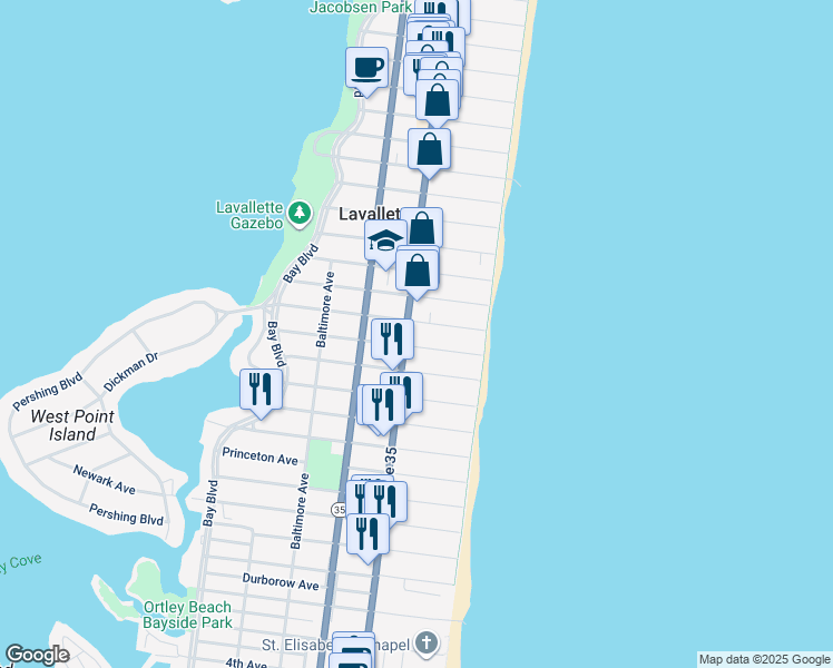 map of restaurants, bars, coffee shops, grocery stores, and more near 19 New Brunswick Avenue in Lavallette