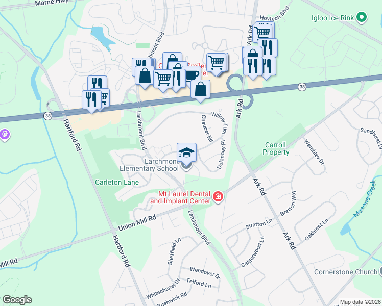map of restaurants, bars, coffee shops, grocery stores, and more near 562A Willow Turn in Mount Laurel Township