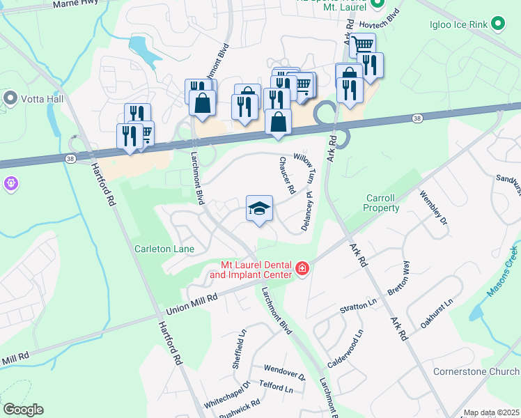 map of restaurants, bars, coffee shops, grocery stores, and more near 560A Willow Turn in Mount Laurel Township