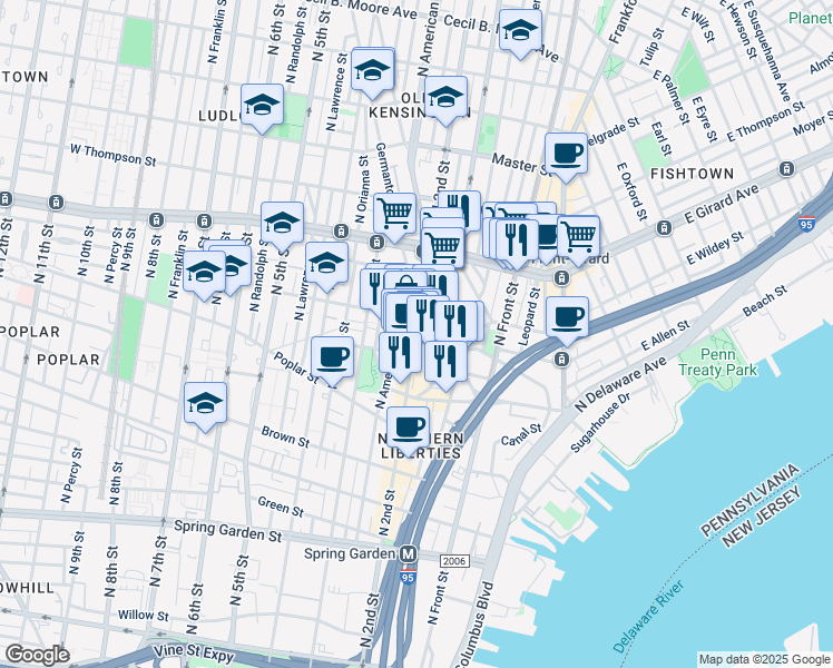 map of restaurants, bars, coffee shops, grocery stores, and more near 1075-1099 Germantown Avenue in Philadelphia