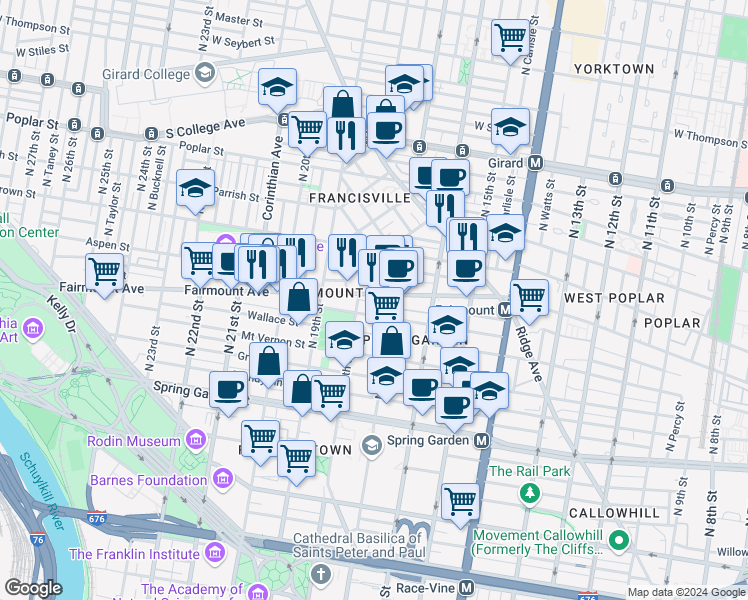 map of restaurants, bars, coffee shops, grocery stores, and more near 1740 Olive Street in Philadelphia