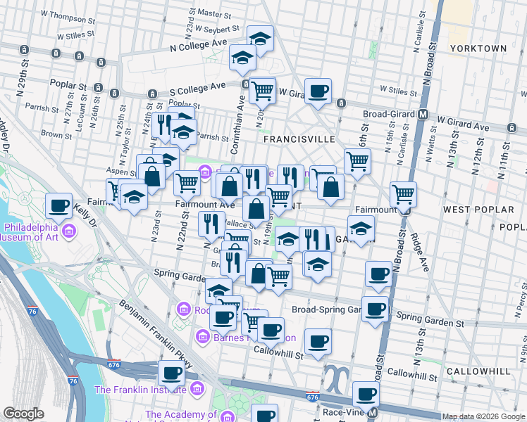 map of restaurants, bars, coffee shops, grocery stores, and more near in Philadelphia