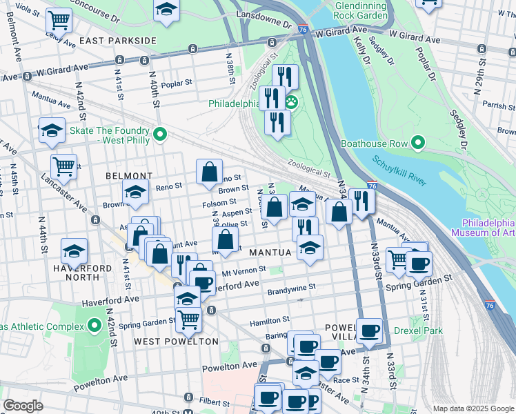 map of restaurants, bars, coffee shops, grocery stores, and more near 773 North 38th Street in Philadelphia