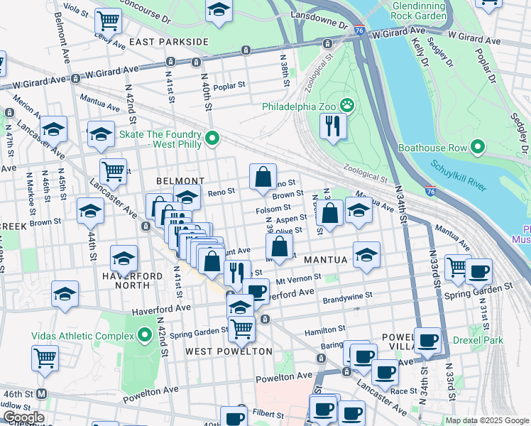 map of restaurants, bars, coffee shops, grocery stores, and more near 3900 Folsom Street in Philadelphia