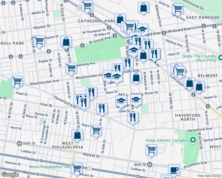 map of restaurants, bars, coffee shops, grocery stores, and more near 879 North 49th Street in Philadelphia
