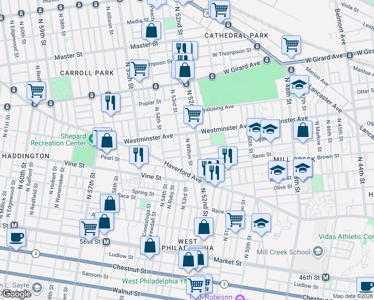 map of restaurants, bars, coffee shops, grocery stores, and more near 437 North 53rd Street in Philadelphia