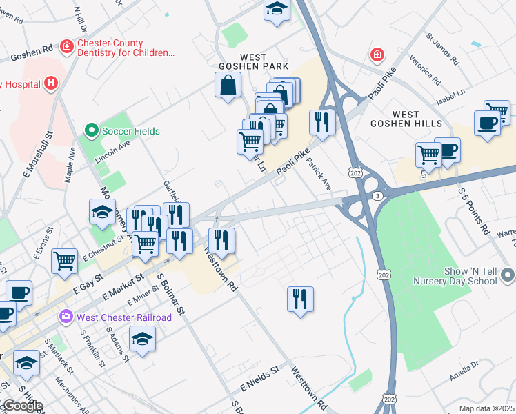 map of restaurants, bars, coffee shops, grocery stores, and more near 838 Paoli Pike in West Chester
