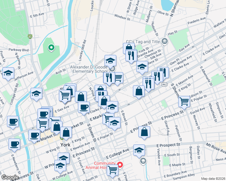map of restaurants, bars, coffee shops, grocery stores, and more near 201 North Broad Street in York
