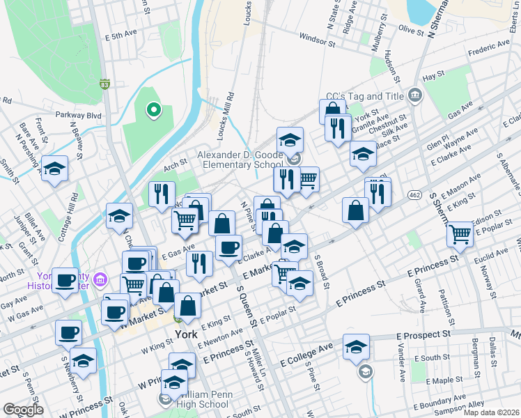 map of restaurants, bars, coffee shops, grocery stores, and more near 326 Wallace Street in York