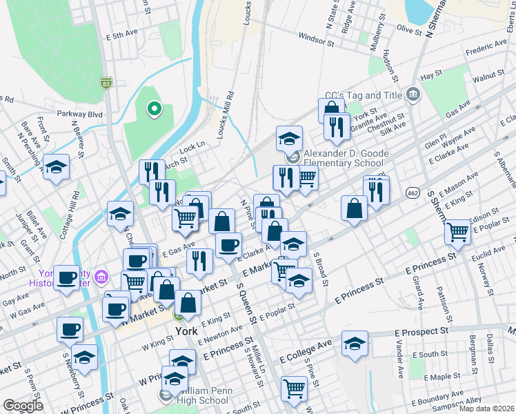 map of restaurants, bars, coffee shops, grocery stores, and more near 326 Wallace Street in York