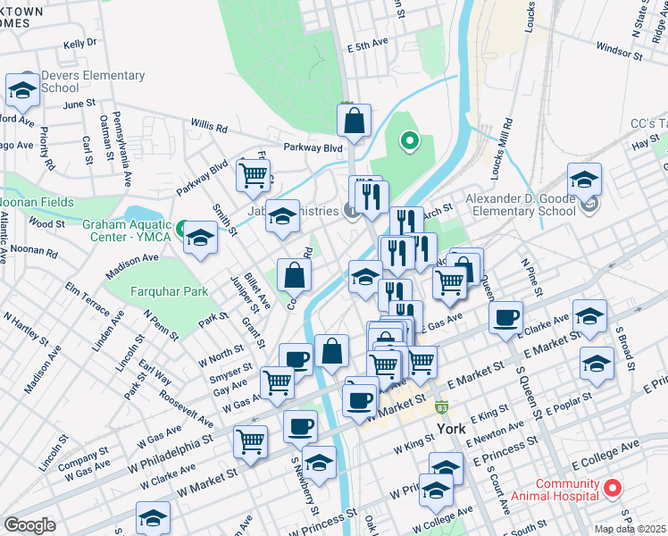 map of restaurants, bars, coffee shops, grocery stores, and more near in York