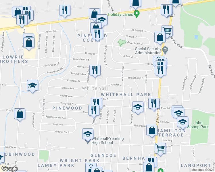 map of restaurants, bars, coffee shops, grocery stores, and more near 4350 Broadhurst Drive in Columbus