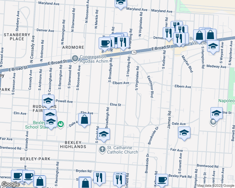 map of restaurants, bars, coffee shops, grocery stores, and more near 165 South Chesterfield Road in Columbus