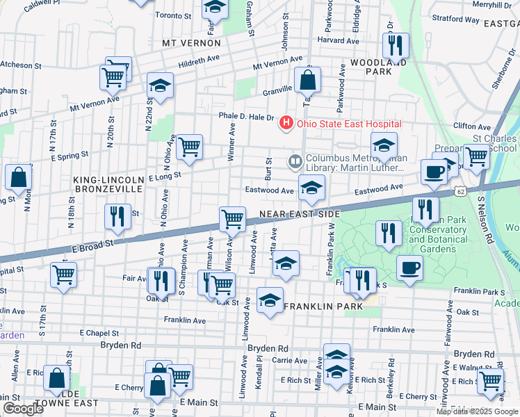 map of restaurants, bars, coffee shops, grocery stores, and more near 1409 Eastwood Avenue in Columbus