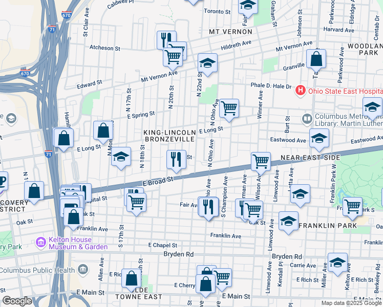 map of restaurants, bars, coffee shops, grocery stores, and more near 88 North 22nd Street in Columbus
