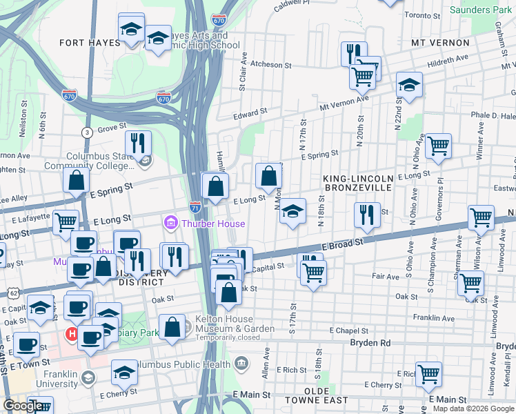 map of restaurants, bars, coffee shops, grocery stores, and more near 792 East Long Street in Columbus