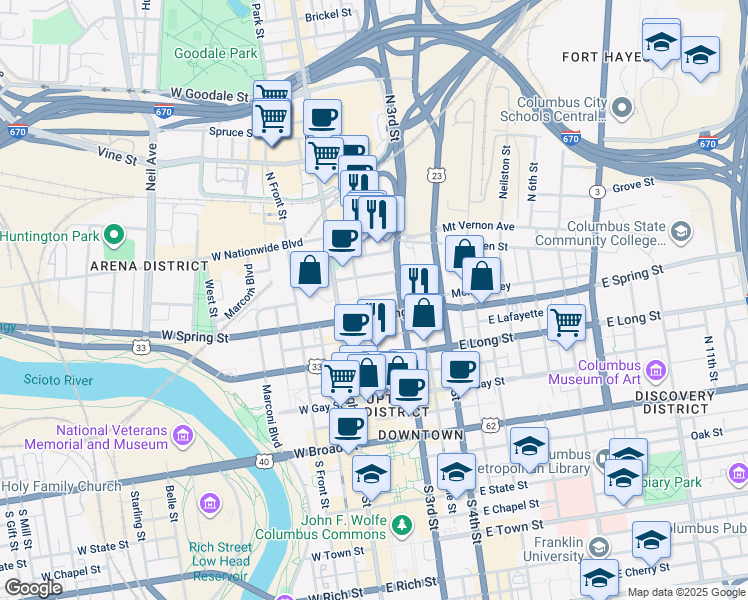 map of restaurants, bars, coffee shops, grocery stores, and more near 253 North 3rd Street in Columbus