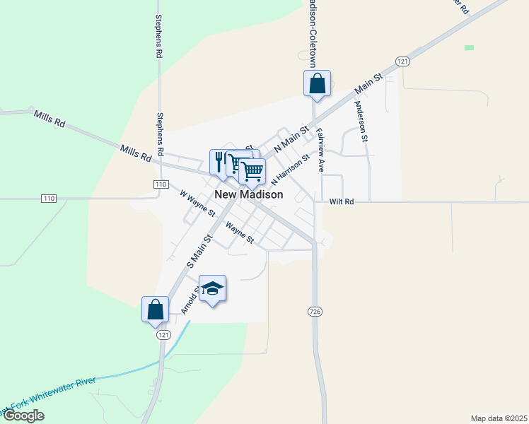 map of restaurants, bars, coffee shops, grocery stores, and more near 111 North Harrison Street in New Madison