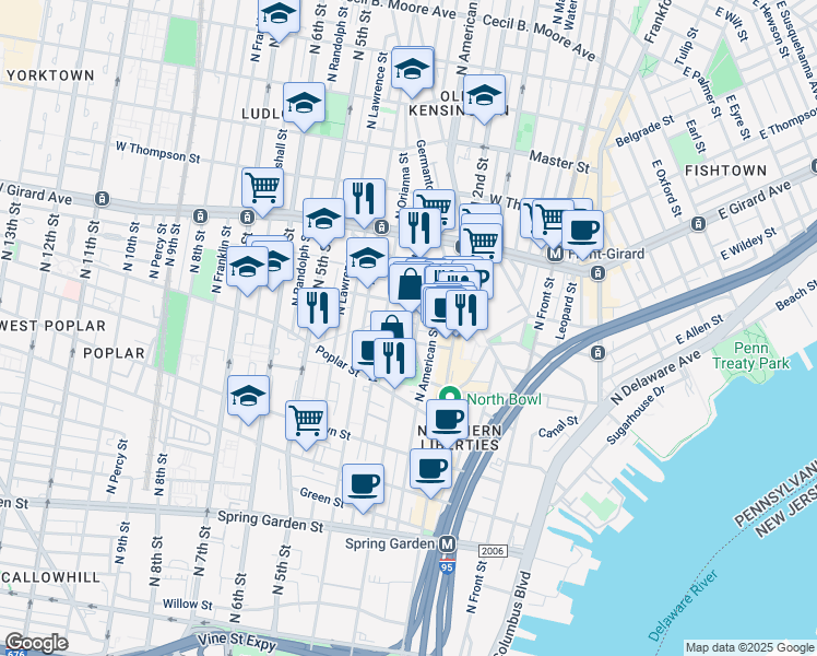 map of restaurants, bars, coffee shops, grocery stores, and more near 1031 North Orianna Street in Philadelphia