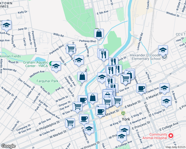 map of restaurants, bars, coffee shops, grocery stores, and more near in York
