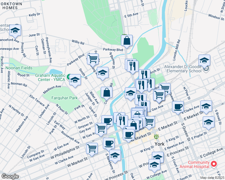 map of restaurants, bars, coffee shops, grocery stores, and more near 139 Hamilton Avenue in York