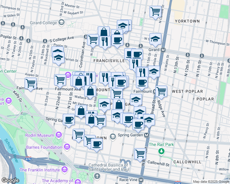 map of restaurants, bars, coffee shops, grocery stores, and more near 1720 Fairmount Avenue in Philadelphia