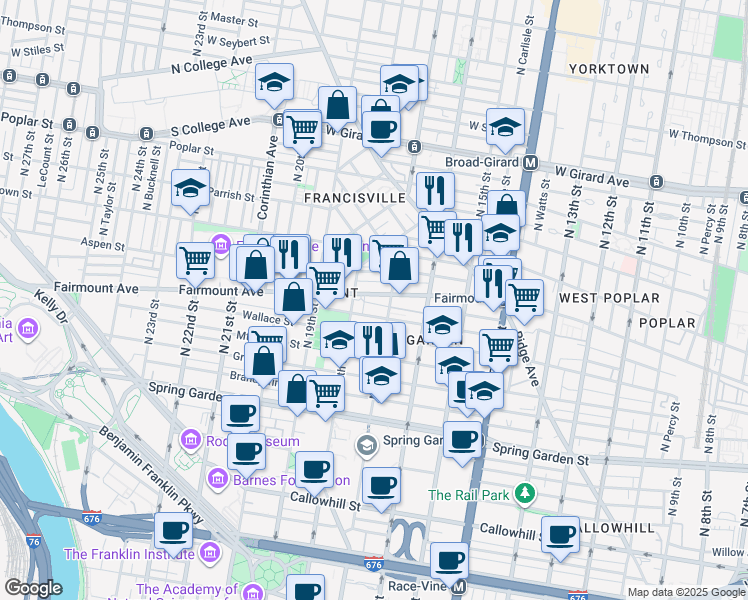 map of restaurants, bars, coffee shops, grocery stores, and more near 1720 Fairmount Avenue in Philadelphia