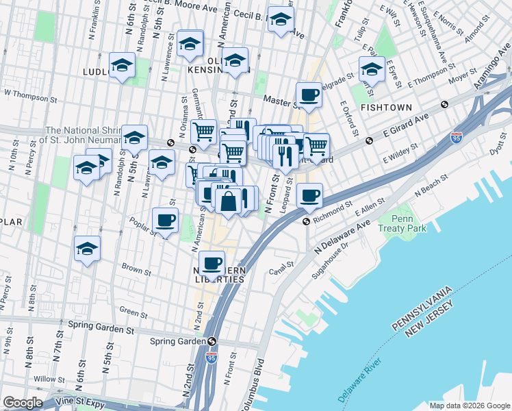 map of restaurants, bars, coffee shops, grocery stores, and more near 1100 North Hancock Street in Philadelphia