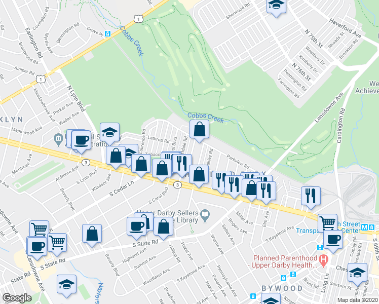 map of restaurants, bars, coffee shops, grocery stores, and more near 122 North Fairview Avenue in Upper Darby