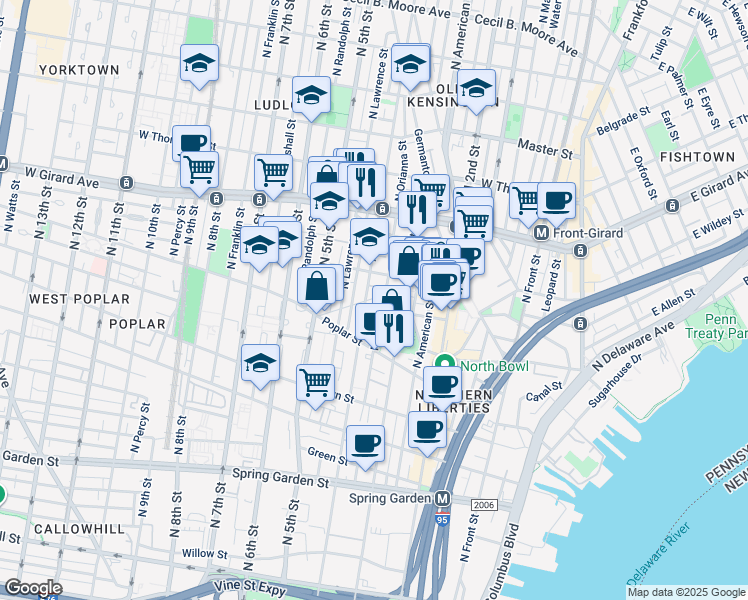 map of restaurants, bars, coffee shops, grocery stores, and more near 330 Saint John Neumann Way in Philadelphia