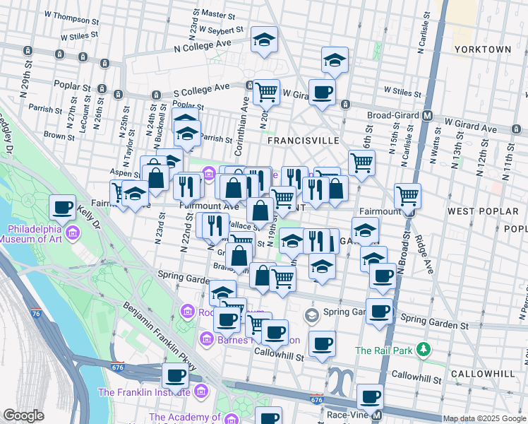 map of restaurants, bars, coffee shops, grocery stores, and more near 1918 Fairmount Avenue in Philadelphia