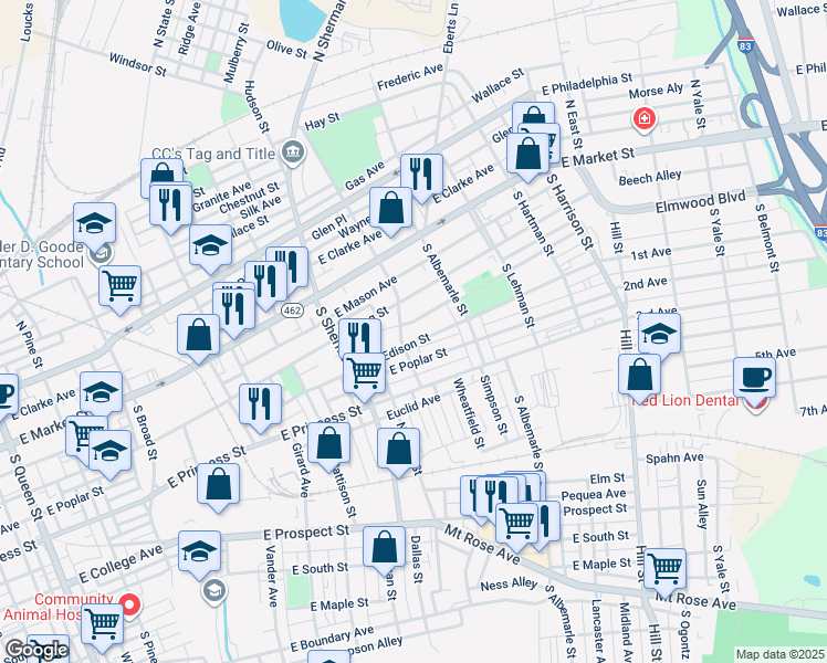 map of restaurants, bars, coffee shops, grocery stores, and more near 149 South Tremont Street in York