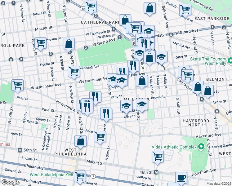 map of restaurants, bars, coffee shops, grocery stores, and more near 4924 Parrish Street in Philadelphia