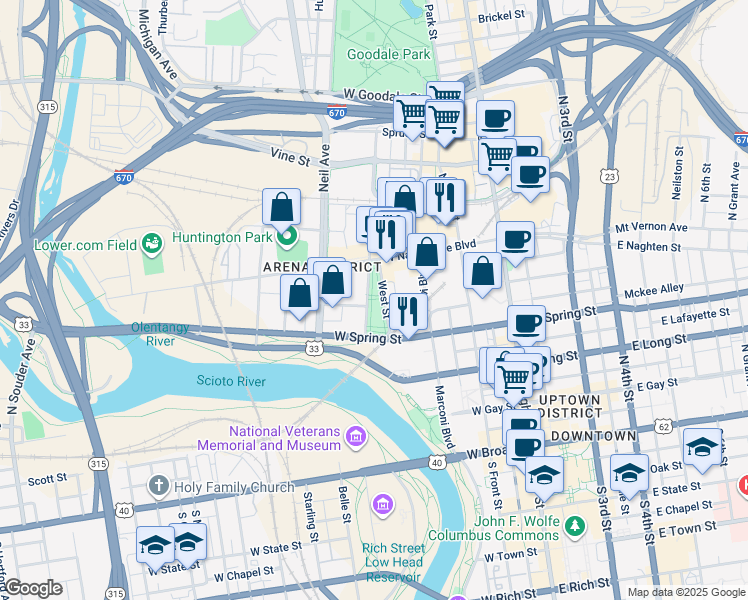 map of restaurants, bars, coffee shops, grocery stores, and more near 218 West Street in Columbus