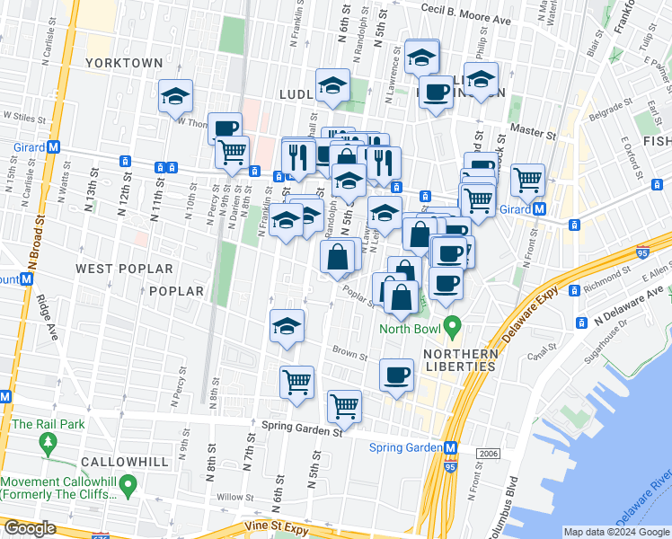 map of restaurants, bars, coffee shops, grocery stores, and more near 910 North 5th Street in Philadelphia