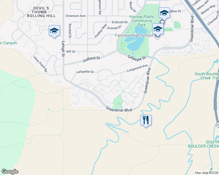map of restaurants, bars, coffee shops, grocery stores, and more near 3230 Longwood Avenue in Boulder