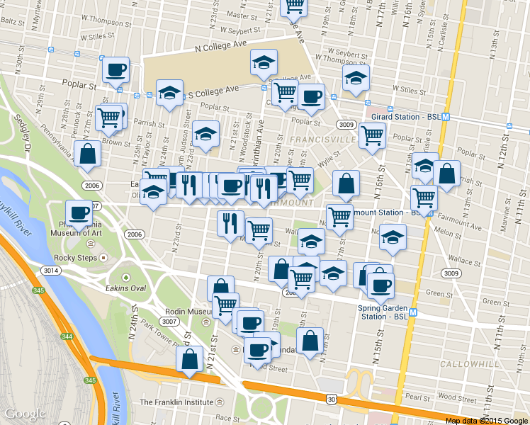 map of restaurants, bars, coffee shops, grocery stores, and more near 2000 Fairmount Avenue in Philadelphia