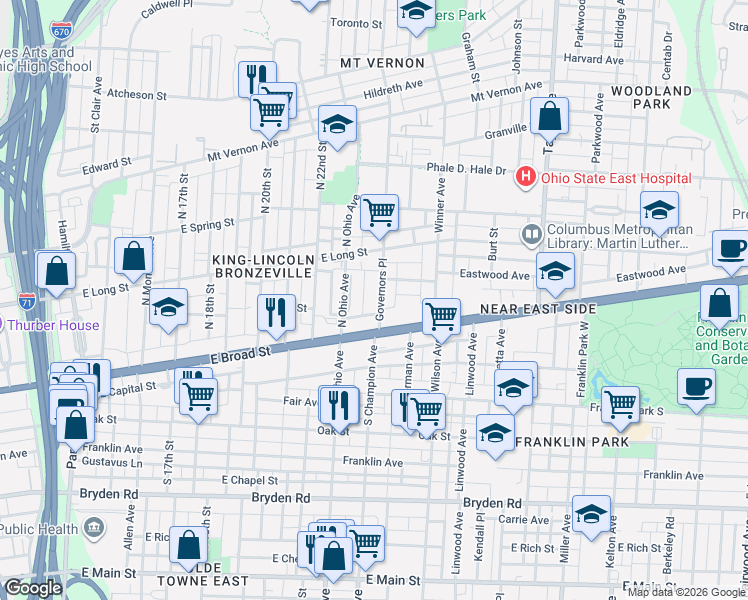 map of restaurants, bars, coffee shops, grocery stores, and more near 45 Governors Place in Columbus