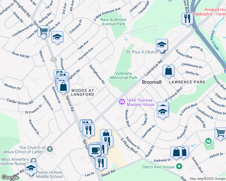 map of restaurants, bars, coffee shops, grocery stores, and more near 2013 Springhouse Road in Broomall