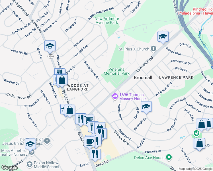 map of restaurants, bars, coffee shops, grocery stores, and more near 2013 Springhouse Road in Broomall