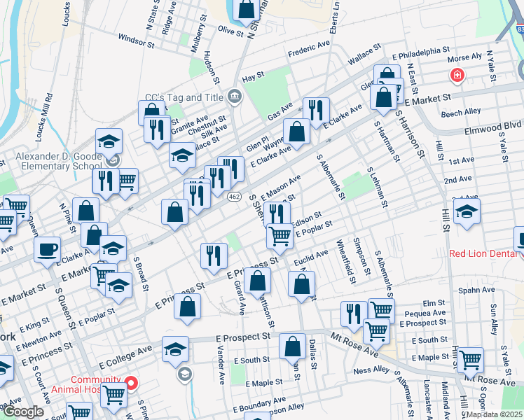 map of restaurants, bars, coffee shops, grocery stores, and more near 801 East King Street in York