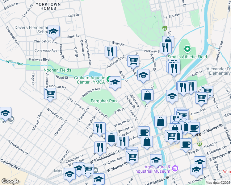 map of restaurants, bars, coffee shops, grocery stores, and more near 525 North Newberry Street in York
